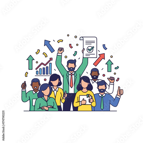 Successful team holding contract celebrates good deal with rising arrows and graphs, a great achievement. Successful team shows spirit after success, with confetti falling down around them.
