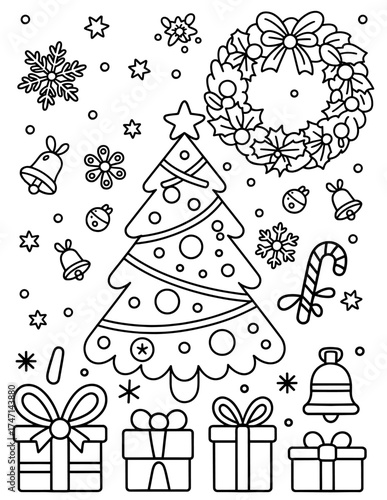 Christmas coloring page featuring a playful, balanced layout with a Christmas tree and more elements