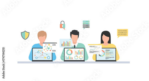 Illustration of diverse team collaborating on data analysis and business strategy with laptops and charts