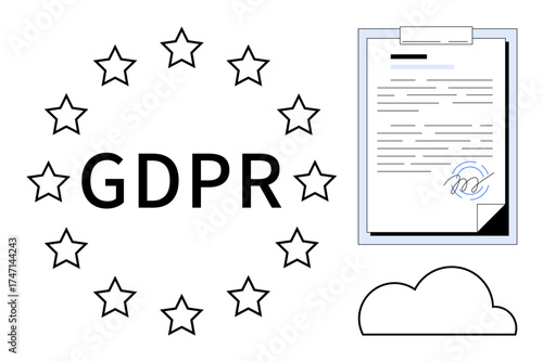 GDPR text surrounded by stars, signed document on clipboard, cloud icon. Ideal for data protection, compliance, regulations, privacy, digital security governance legal agreements. Clean flat