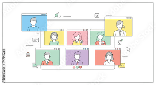 Illustration of virtual meeting with diverse participants in video conference call windows on screen