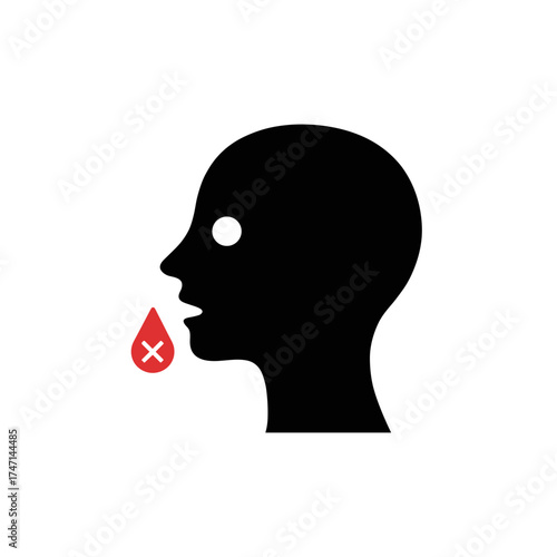 Bleeding nose illustrated with black human head silhouette and red blood drop. Bleeding nose in a simplistic style highlighting medical condition or emergency.