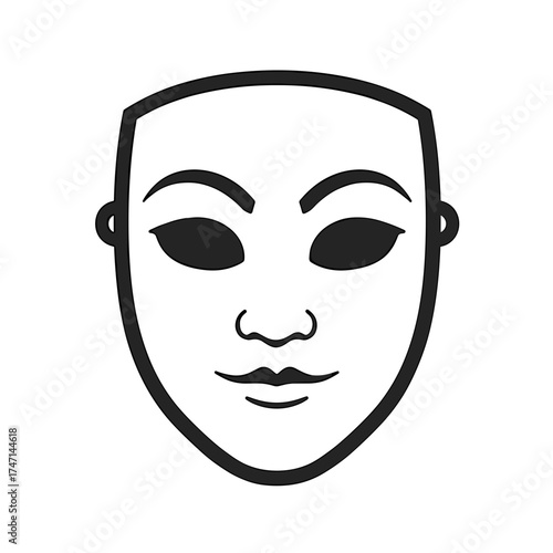 Isolated mask illustration featuring a simple face on white backdrop. Isolated mask artwork includes minimalist line art, with expressionless blank features, and neutral appearance.