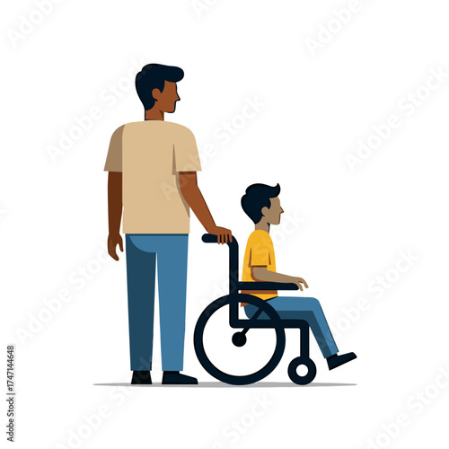 Son with disability in wheelchair and caring father, supporting each other, showing family bond. Son in wheelchair and caring father are side by side in this depiction of mutual dependence,