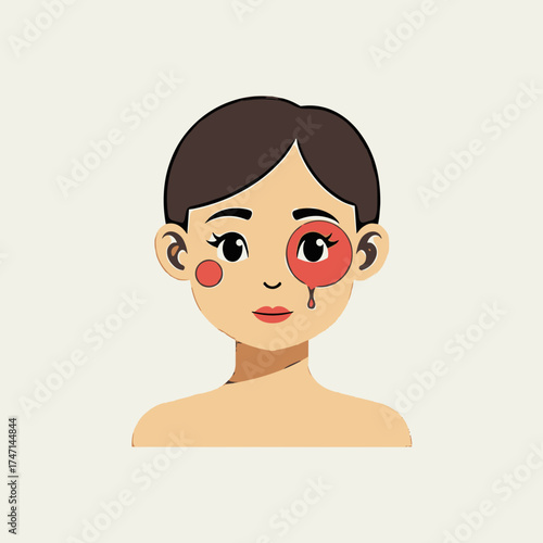 Isolated image depicts a young girl with a black eye. Isolated shot of a woman reveals a bruise around her eye, accompanied by a red mark on her cheek and her shoulder,