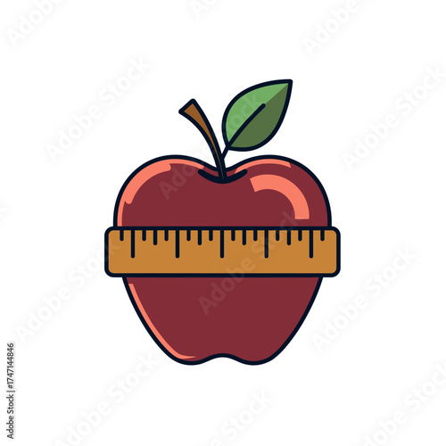 Healthy eating icon featuring apple, isolated, wrapped with measuring tape on white background. Healthy eating involves fresh fruit.