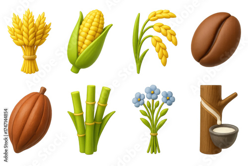 3D Agricultural Icons. Raw materials agriculture set of icons in 3D color style: wheat sheaf, corn cob, rice stalk, coffee bean, cocoa pod, sugarcane,