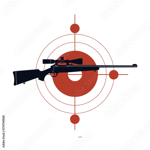 Hunting rifle on target for isolated design and tactical use. Sniper rifle illustration depicts precision aim and long barrel silhouette for sport.