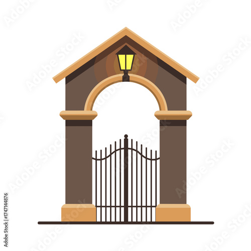 Isolated gate design featuring wrought iron entrance and stone pillars under warm lamp illumination. Isolated gate provides access, delineating property with decorative ironwork and sturdy stone.
