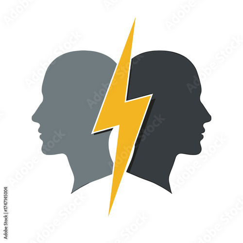 Isolated silhouette heads confronting each other with golden thunder. Isolated heads express a conceptual conflict with an electric effect, which visualizes mental discord between individuals.