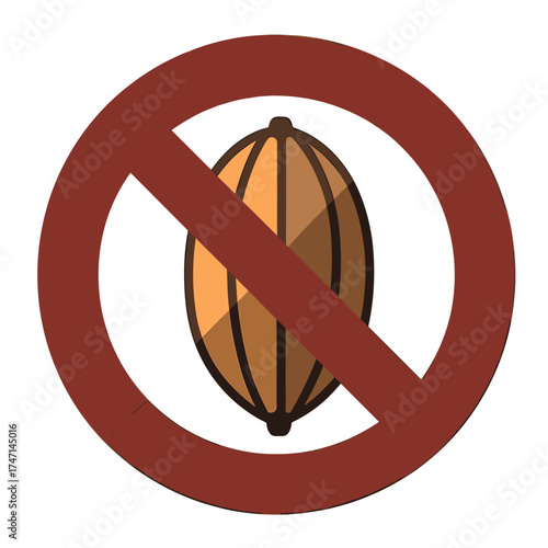 No cocoa bean shown on an isolated background. Prohibition sign shows an isolated style chocolate bean with shadows. Ideal isolated image is for allergies, dietary restrictions,