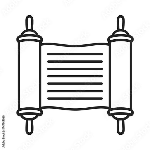 Simple black outline icon of open Torah scroll with Hebrew-style handles – symbol of Judaism and sacred scripture