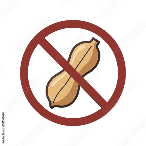 Peanut free sign with an isolated peanut crossed out inside red circle. Peanut free warning, ideal for food allergy sufferers and people with nut intolerance, is clearly displayed.