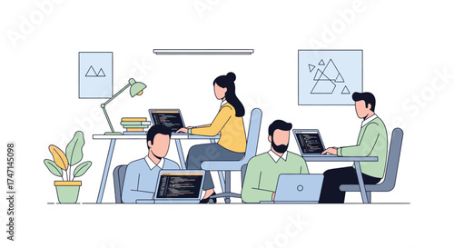Illustration of diverse team collaborating on laptops in modern office environment with desks and plants