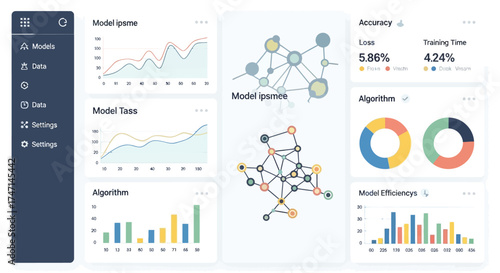 Illustration of data science dashboard showing model training metrics, performance logistics, and algorithm statistics