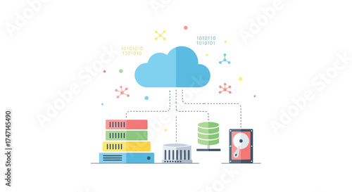 Illustration of modern cloud computing and data storage concept with servers and database
