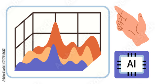 Graph with colorful data waves, pointing hand for interaction, AI chip for advanced analytics. Ideal for technology, data science, innovation, machine learning, progress, decision-making simple flat