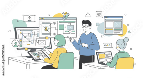 Illustration of team of developers collaborating on web design and coding projects in modern office