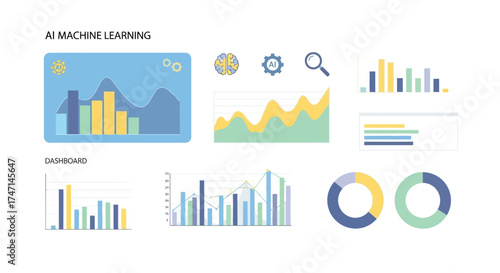 Illustration of ai and machine learning data analytics dashboard with graphs and charts