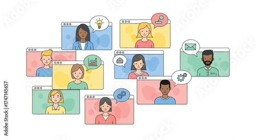 Illustration of diverse group of people engaging in virtual meeting with speech bubbles and emoticons