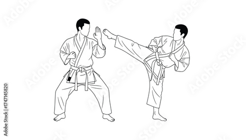 Vector art of two martial artist practicing karate, one performing a high kick while the other defends