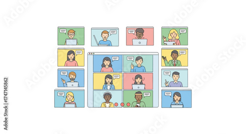 Illustration of colorful comic strip panels showing diverse characters in various social and work interactions