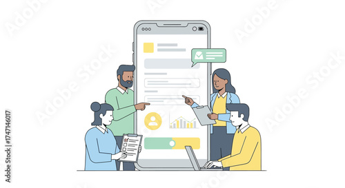 Illustration of team collaborating on mobile app development with digital payment features and analytics