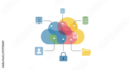 Illustration of modern cloud computing network with data storage and security icons