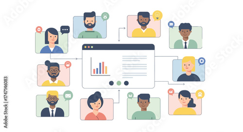 Illustration of diverse team collaborating in virtual meeting with data presentation and discussion