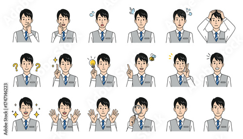 Vector art of collection of businessman expressions and gestures, , showing various emotions and ideas like thinking, confusion, and excitement