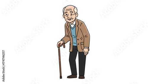 Vector art of an elderly gentleman with a cane, dressed in a brown jacket and blue sweater, stands isolated on a, smiling warmly