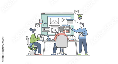 Illustration of team of developers collaborating on a software project with digital wireframes and design tools