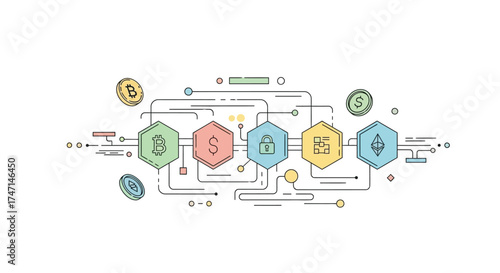 Illustration of blockchain technology and cryptocurrency network with digital transactions and security icons