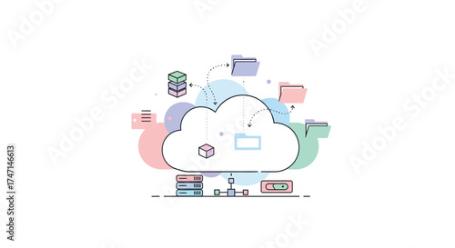 Illustration of modern cloud computing and data storage network technology concept with servers and database icons