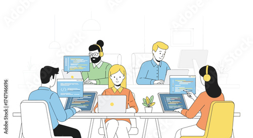 Illustration of diverse team collaborating on software development in modern office environment