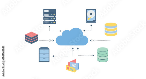 Illustration of cloud computing and data storage network with servers and database icons connected to cloud