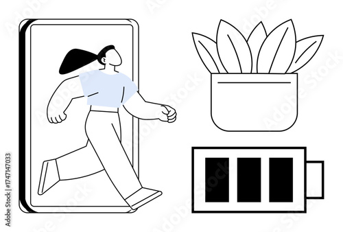Woman walking forward from a device, potted plant for growth, battery symbolizing energy. Ideal for wellness, growth, balance, energy, technology sustainability self-improvement. Simple flat