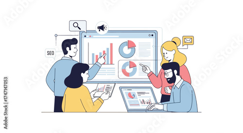 Illustration of team of professionals analyzing business data and charts on a large screen during a meeting
