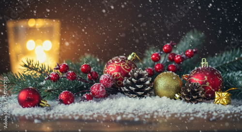 Holiday Still Life with Pine Branches and Christmas Gifts
