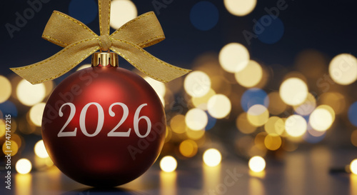 Red Christmas Bauble with Gold Bow and Bokeh Lights