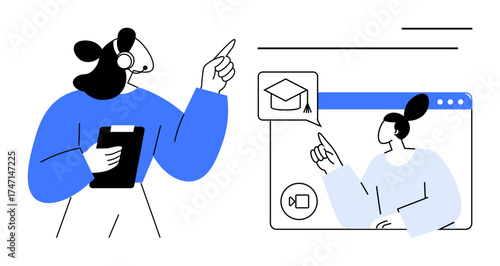 Instructor with headset and clipboard guides student in browser window displaying video call and graduation cap. Ideal for e-learning, webinars, remote teaching, online training, education tools