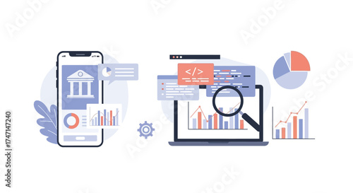 Illustration of digital analytics and financial data analysis with smartphone and laptop showing graphs and charts