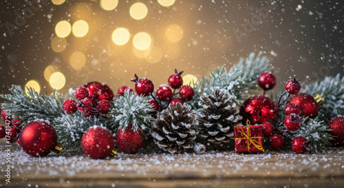Festive Winter Decoration with Berries, Baubles, and Snow