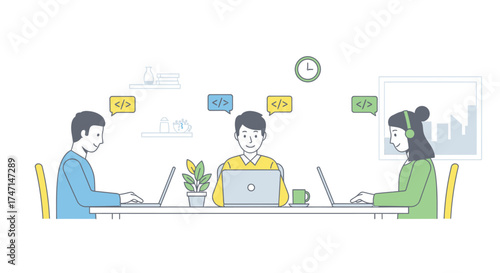 Illustration of team of professionals collaborating on laptops in a modern office environment