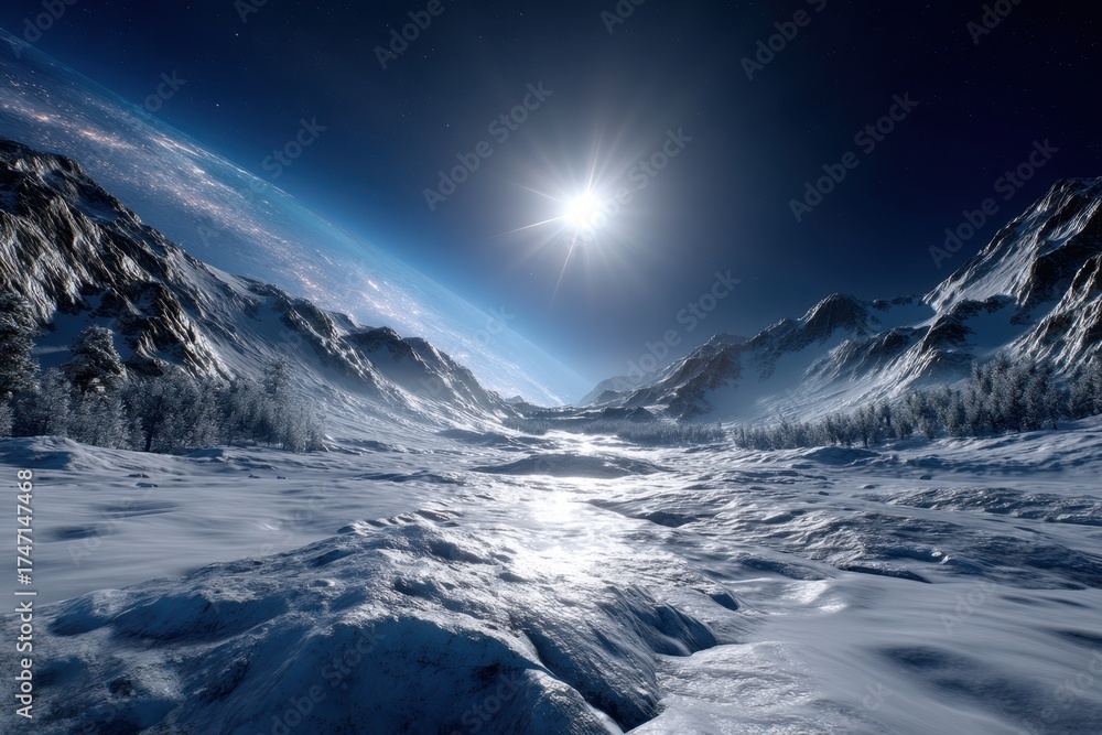 Obraz premium Stunning alien landscape under a bright sun in a frigid, otherworldly valley