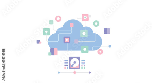 Illustration of modern cloud computing and data storage concept with abstract digital icons and network elements