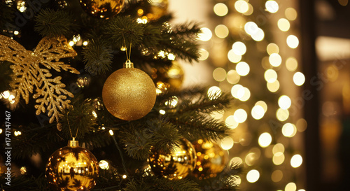 Luxurious Christmas Tree with Gold Ornaments and Ribbon