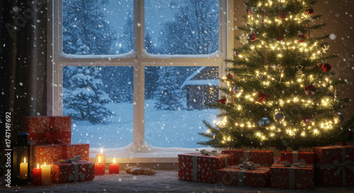 Festive Living Room with Presents and Snowy View