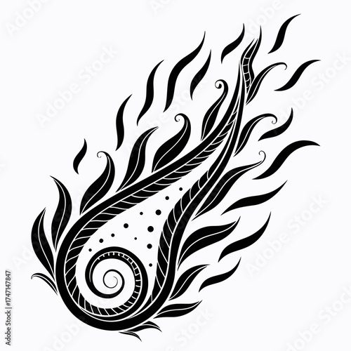 Black abstract flame with spiral and dots on white