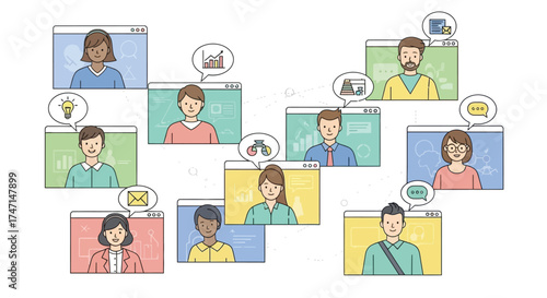 Illustration of diverse group of people engaging in virtual meeting with speech bubbles and icons